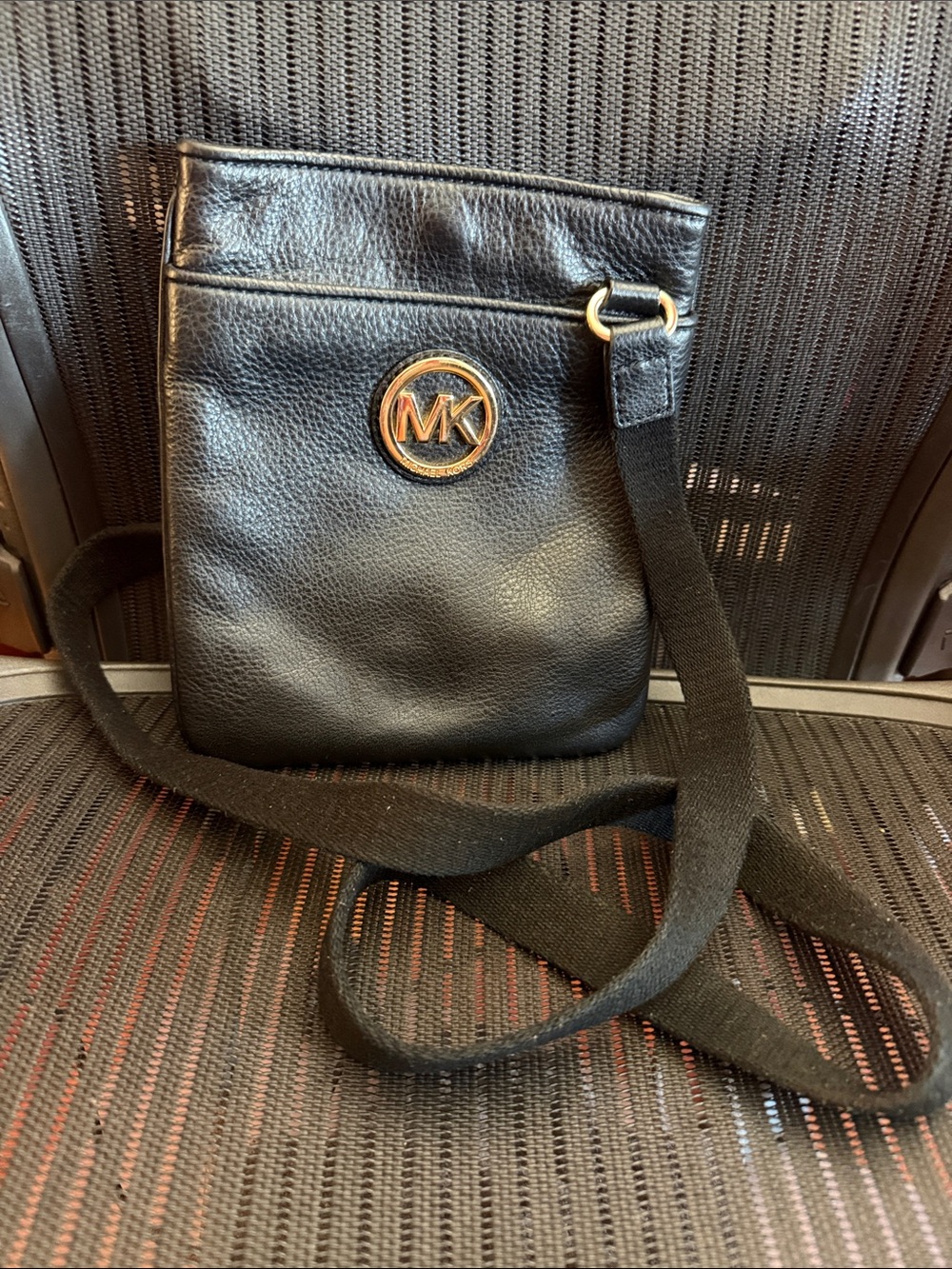 Michael Kors Black Pebble Leather Crossbody with Gold MK Medallion
